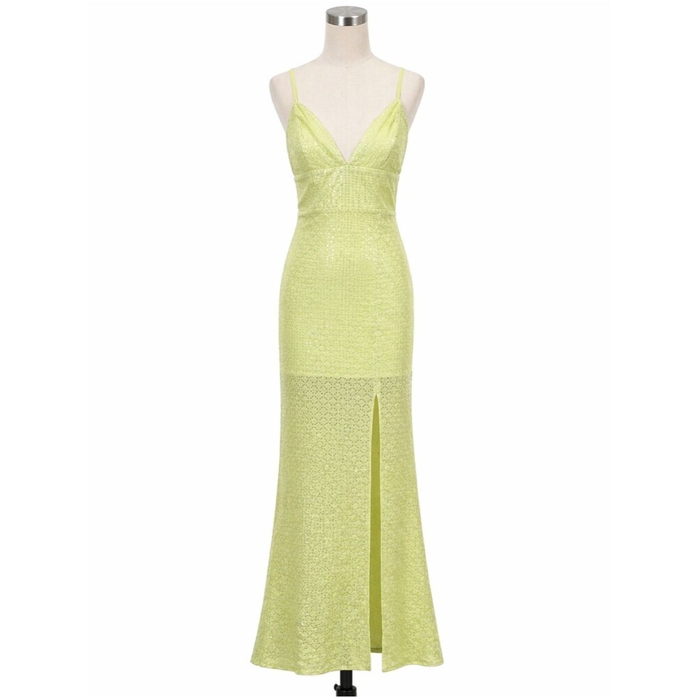 Line & Dot Sequin Maxi Gown Plunge V Neck Slit Spaghetti Strap Lime Green XS NEW
